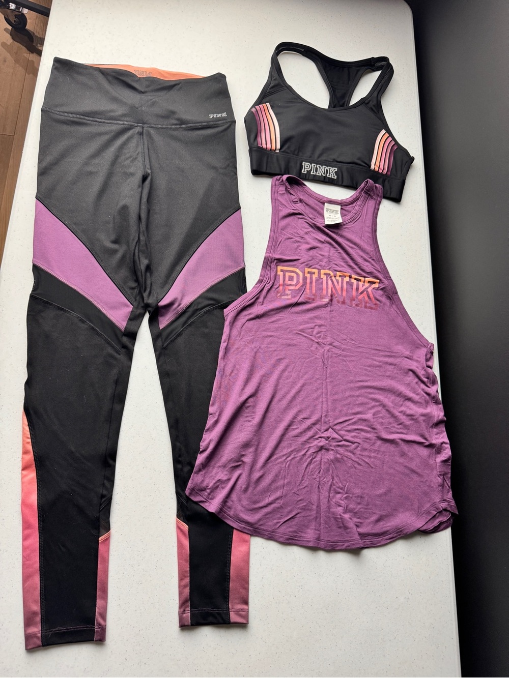 PINK Victoria's Secret Black Leggings, Black Sports Bra & Purple Tank Set